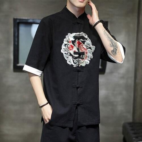 Chinese Style Tops Men 2020 Spring Shirt Cotton Blouse Casual Full Sleeve Collar Vintage New Year Clothes Style Streetwear 11009