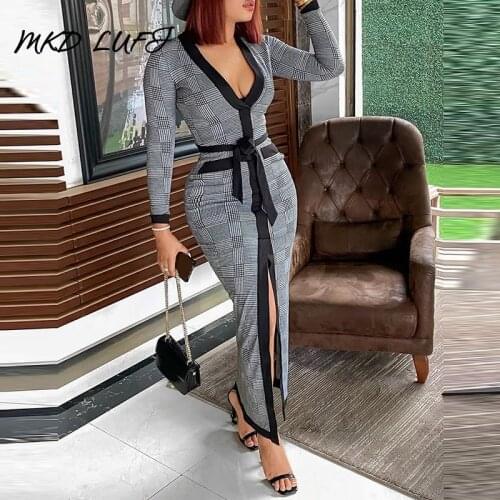 Sexy High Slit Plaid Long Sleeve Plunge Maxi Dress