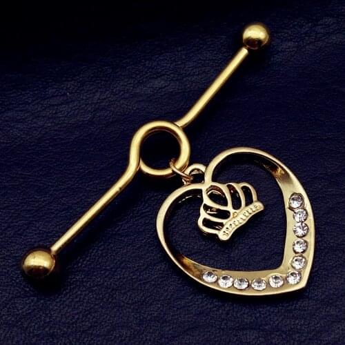 1pcs Top Quality gold heart crown Fashion Earring 316L Stainless Steel Industrial Piercing Barbell Cartilage Tragus Body Jewelry