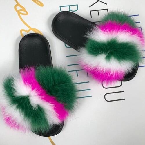 Summer Fluffy Raccoon Fur Slippers Ladies Furry Fur Flip Flops Luxury Fluffy Fur Slides Female Amazing Plush Shoes Kids Sandals