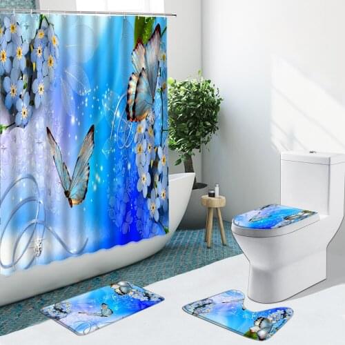 Blue Flower Butterfly Shower Curtain Lotus Pink Green Leaves Bathroom Curtains Set Anti-Skid Rug Toilet Lid Cover Bath Mat Decor