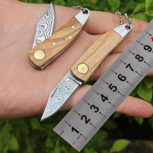 Damascus Folding Knife Portable Keychain Outdoor Small Survival Knife EDC Tools Camping Tactical Pocket Knife with leather Case