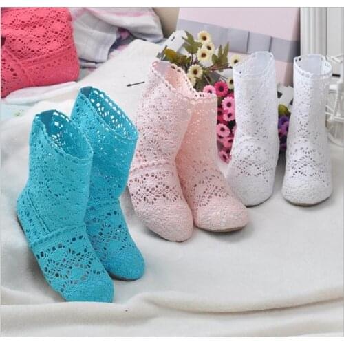 Spring and autumn knitted hollow boots flat bottom mesh high / low tube breathable fashion lace boots womens shoes