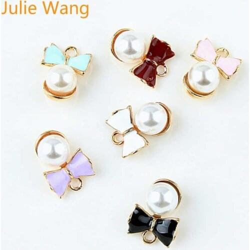 Julie Wang 10pcs Enamel Bow-knot Charms With Man-made Pearl Alloy Gold Tone Pendant Necklace Bracelet Jewelry Making Accessory