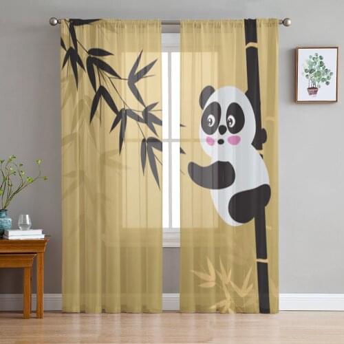 Cartoon Cute Panda Bamboo Retro Sheer Curtains for Living Room Bedroom Tulle Curtains Kitchen Window Treatments Panel Drapes