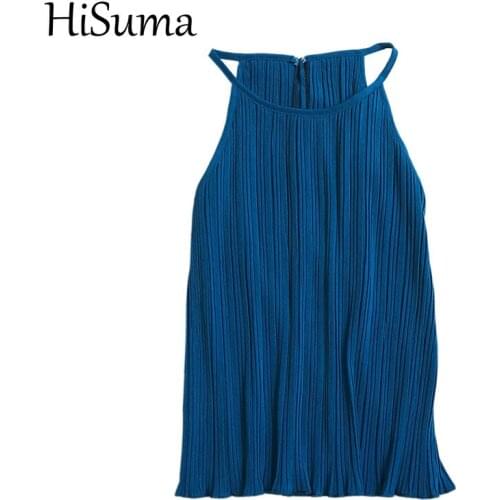 HISUMA Women Summer O-Neck Sleeveless Halter Pleated Basic Shirt Elegant Lady Striped Elastic Slim Chiffon Pullover Blouse Tops
