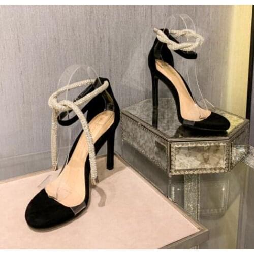 Moraima Snc High Heel Sandals Women Crystal Embellished Ankle Strap Shoes Summer Rhinestones Thin Heels Pumps