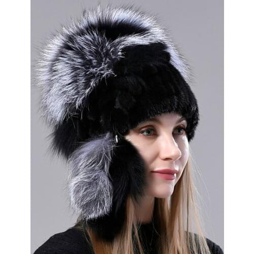 Womens Fur Hats Thick Fluffy Winter Warm hat Natural Knitted Mink Fur Hats with tail girl Fashion Cap Female Real Fur Hat