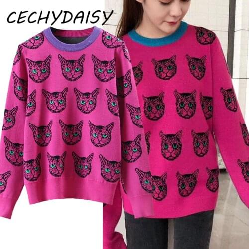 2021 Autumn Winter Sweater Pullovers Women O-Neck Long Sleeve Cats Pattern Korean Fashion Goth Clothes Za Streetwear Jumper Tops