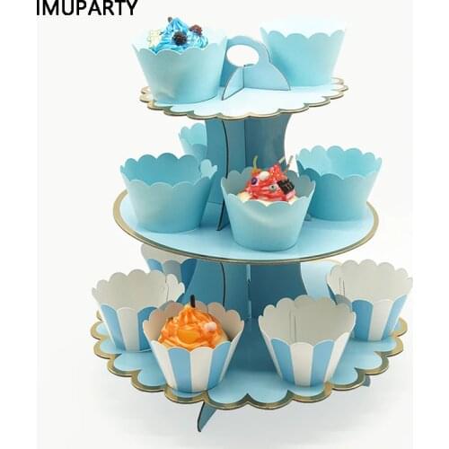 3 Tier Cupcake Stand Paper Solid Striped Cupcake Wrappers Decorations for Wedding Birthday Holiday Party Dessert Table Supplies
