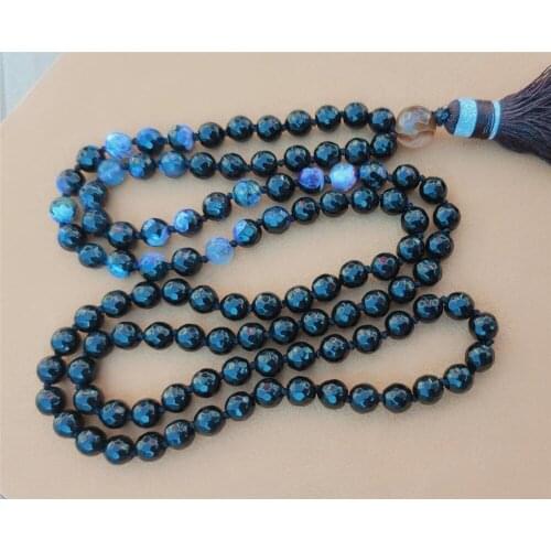 8mm Black Agate 108 Beads Tassel Knotted Necklace Meditation Handmade Lucky Wrist Chakra Fancy Classic Colorful Buddhism Cuff