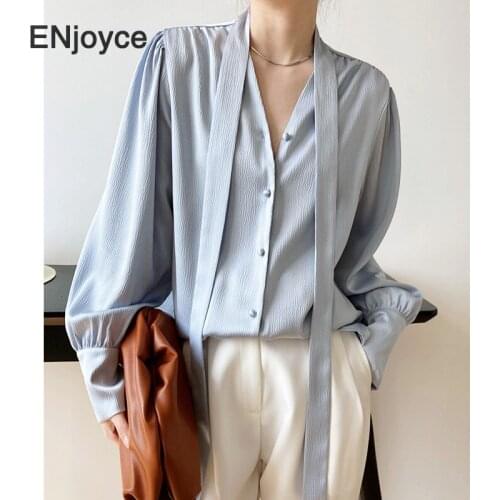 Women Fashion Satin White Blouse 2021 Spring Summer Long Sleeve Shirts Korean Style Loose Shirt Oversized V-Neck Flowy Clothes