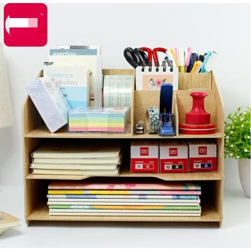 Wooden Simple DIY Bookshelf Creative Desk Stationery Organizer Office Supplies Multi-function Combination Magazine Holder Rack