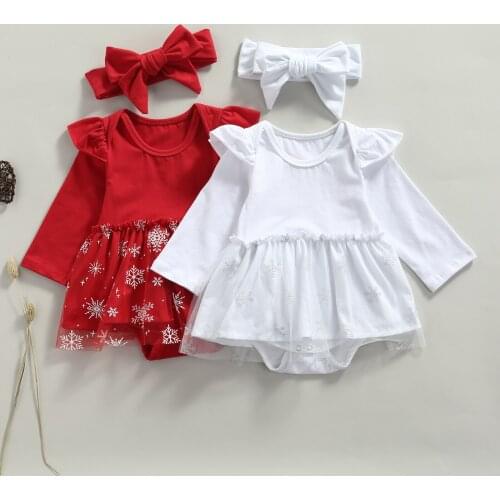 2Pcs Baby Girls Christmas Party Outfit Snowflake Mesh Cotton Splicing Long-Sleeve Romper+Hairband for Toddler Infant Girls