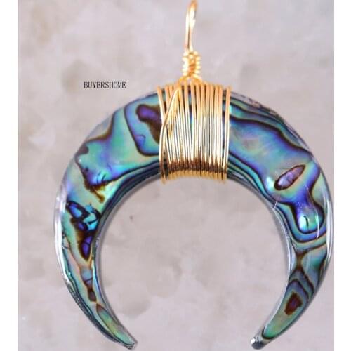 Double Sided Women Jewelry Gift Natural Moon Bead Blue New Zealand Abalone Shell Pendant for Necklace 1Pcs K168