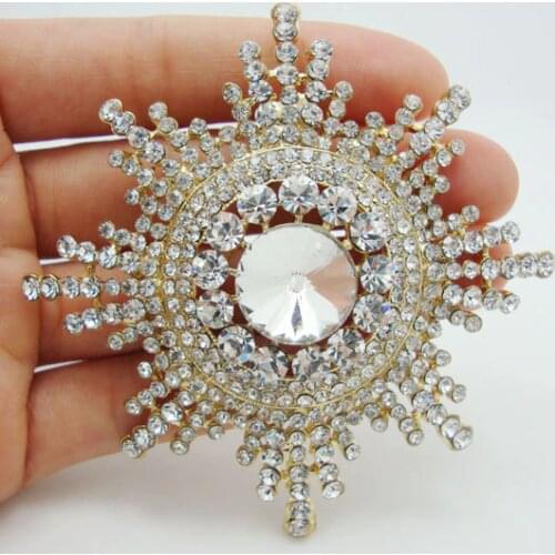 Fashion Woman Jewelry Elegant Snowflake Flower Gold-Tone Clear Rhinestone Crystal Brooch Pin Bride Bridesmaid Wedding Jewelry