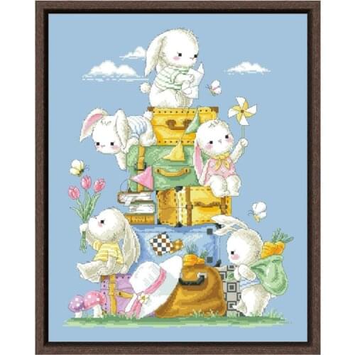 Rabbits' journey cross stitch package cute bunney 14ct 11ct sky blue canvas cotton thread embroidery DIY handmade needlework