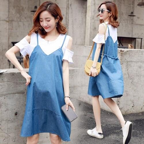 2019 New Summer Maternity Clothings Short Sleeve Patchwork Dress Pregnancy Strapless Loose Denim Dresses Pregnant Women Clothes