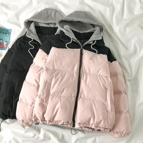 Winter 2021 New Thick Hooded Bread Coat Korean Style Stitching Loose Student Casual All-match Cotton Coat Fashionable Large Size