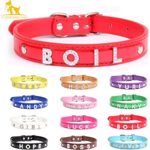 12 Colors Custom ID Name Pet Cat Dog Collar Personalized Leather Puppy Collars for Small Medium Large Dog with Rhinestone Letter