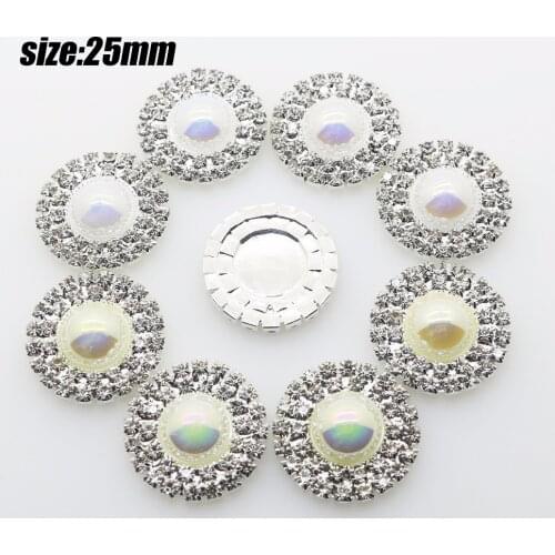 10 Pcs 25mm Double Row Round AB Pearl Rhinestone Button Flatback Hair Accessory Girl Ribbon Decoration Accessories