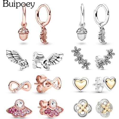 Buipoey Fine Acorns & Fallen Leaves Earrings For Women Girl Original Angel Wings Fan & Chrysanthemum Stud Earrings Jewelry