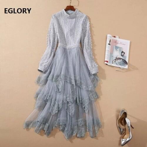 Sequined Mesh Dress 2020 Autumn Party Evening Women Stand Neck Cascading Ruffle Lace Deco Long Sleeve Sexy Asymmetrical Dress