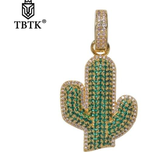 TBTK New Plant Shape Green Cactus Iced Out Pendants Trendy Copper Crystal Necklace Chain Men Jewelry Punk