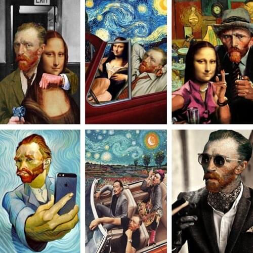 Van Gogh Starry Sky Abstract Poster Funny Mona Lisa Canvas Painting Nordic Wall Art Picture Modern Home Decoration Living Room