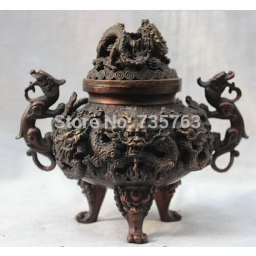 Xiuli 00553 China Chinese Bronze Fengshui 9 Dragons Play Ball Statue Incense Burner Censer