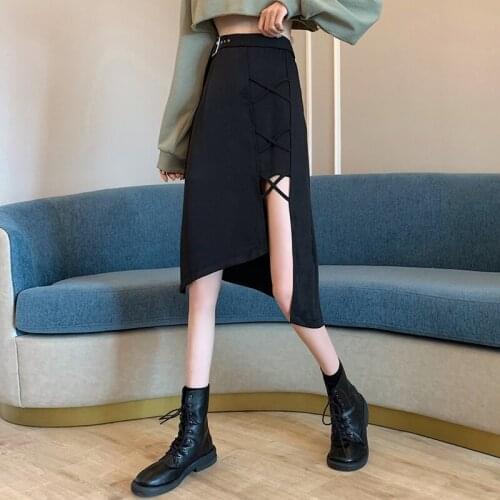Black Skirt Womens Spring Autumn 2021 New Design Small A-line Skirt Irregular Split Skirt Fashion