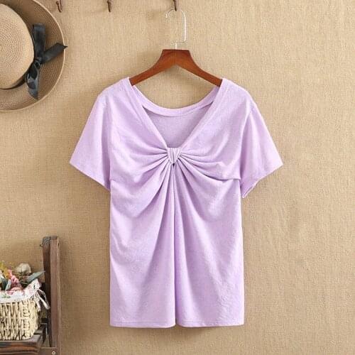 Plus Size T-Shirt For Women V-Neck Three-Dimensional Bow Decoration Lagre Size Short Sleeves Summer Tops Knitted Cotton Stretch