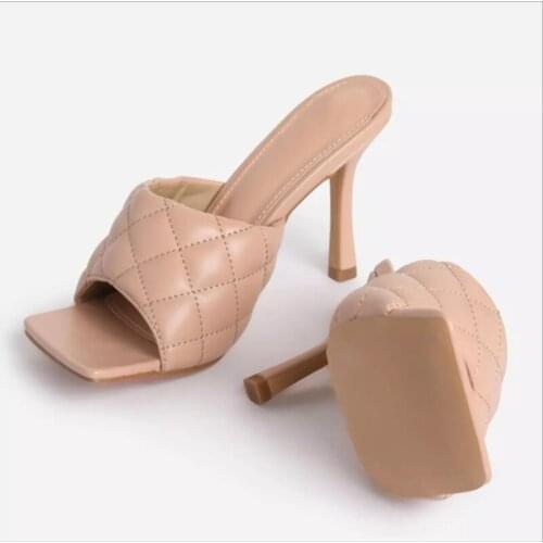 Marian Sqaure Toe Red Quilted Mule Heels Shoe Black PU High Heel Shoes Women Sandals Sliper Woman Shoes Zapatos Mujer White Blue
