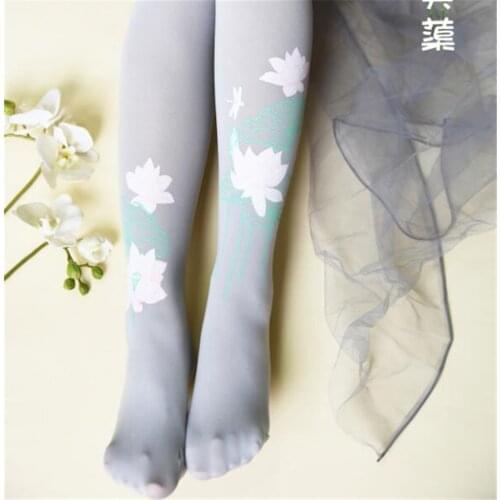 Lolita girl Lotus Printed Sweet Tights Chinese Style Cute Pantyhose Women stocking D070