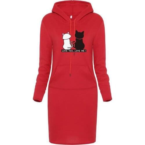 Funny Cat Print Women Hoodies Sweatshirts Long Sleeve Dress Vestidos Winter Woman Clothing Hooded Drawstring Pocket Pullover