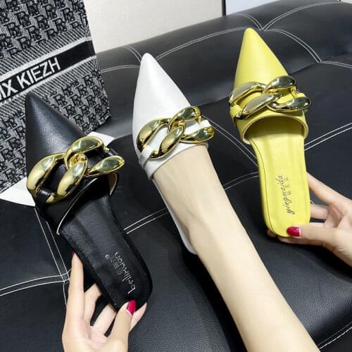 2021 Summer Women Slipper Fashion Candy Colors Chain Ladies Slip On Mules Shoes Thin Low Heel Pointed Toe Slides Flip