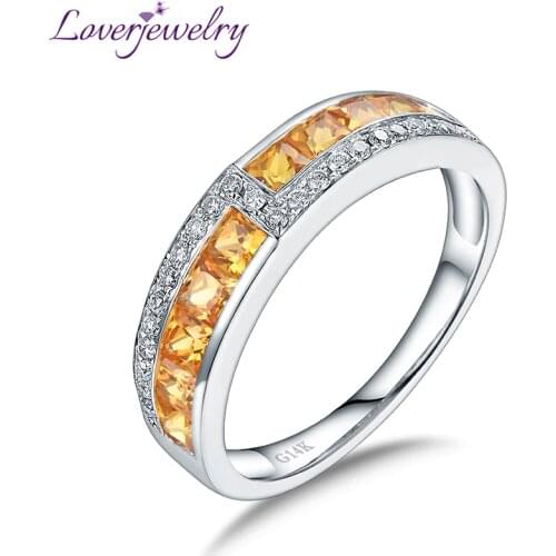 LOVERJEWELRY Simple Design Natural Yellow Sapphire Real 14K White Gold 585 Shining Diamond for Women Party Fine Jewelry Present