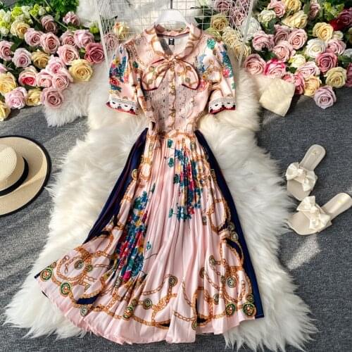 Womens spring summer runway fashion flower chain print dress female bow collar short sleeve chic travel vintage dress TB1472