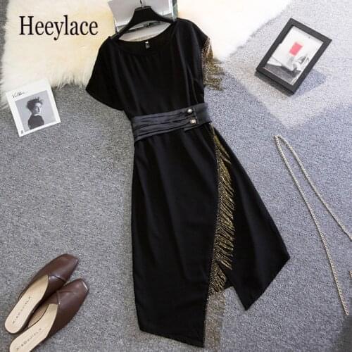 Plus Size Office Ladies Elegant Irregular Tassel Beading Dresses Summer Short Sleeve High Waist O Neck Midi Vestidos 4XL Dresses