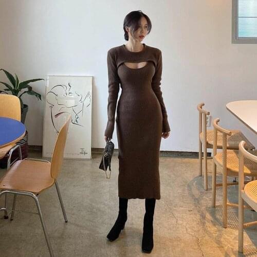 2021 Sexy Hollow Out Chest Women Dress Black Slim Solid Skinny Basic Long Sleeve Mid-calf Brown Casual Lady Mini Dress Vestidos