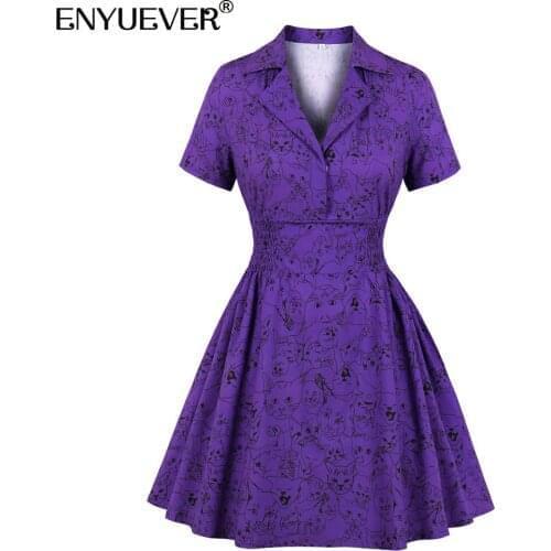 Enyuever Purple Cat Print Vintage Dress Retro Summer Clothes Short Sleeve Turn Down Collar Robe Pin Up Swing Women Casual Dress