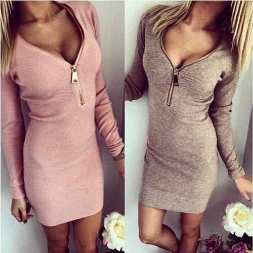 Zoulv 2021 Sexy Stretch Zipper Bodycon Dress Sexy Long Sleeve V -Neck Knit Dress Party Mujer Autumn Winter Women Mini Dresses
