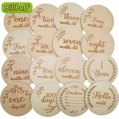 12pcs/set Wooden Baby Month Milestone Card Newborn Birth Month Birthday Milestone Wooden Teether Baby Photography Props Toy Gift