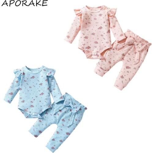 2021 0-24M Baby Girls Clothes Set Sweet Floral Printed Pattern Long Sleeve Romper+Bow Elastic Waist Pants Fall 2pcs Blue/ Pink