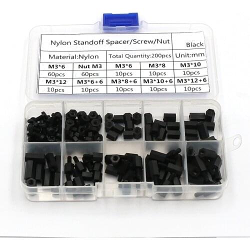 200Pcs/set M2 M2.5 M3 M4 Black/White Hex Nylon Standoff Spacer Column Flat Head Nylon Plastic Spacing Screws Nuts