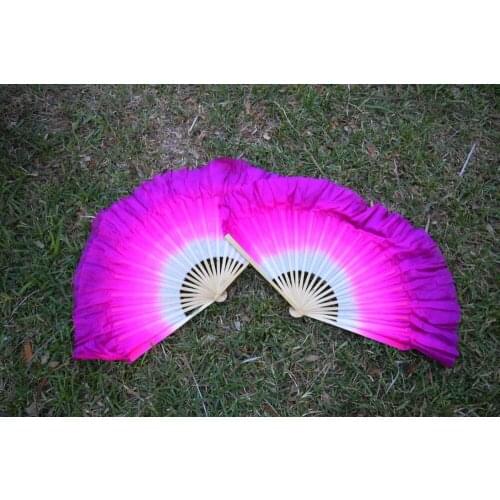 2018 women of high quality silk Chinese belly dance dance fan cheap hot white rose turquoise gradient double short silk fan