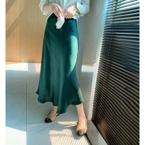 Satin Mermaid Skirt Women Eleagnt High Waist Silk Texture Hanging Down A-line Long Skirt Vintage Solid All-match Trumpet Skirt