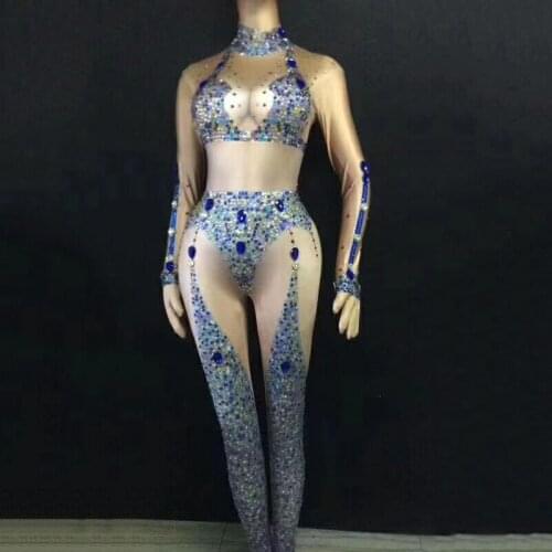 Sparkly Colorful Crystals Jumpsuit Costume Women Sexy Rhinestones Bodysuit Nightclub Stage Gogo Dancewear Festival Outfit DT3142