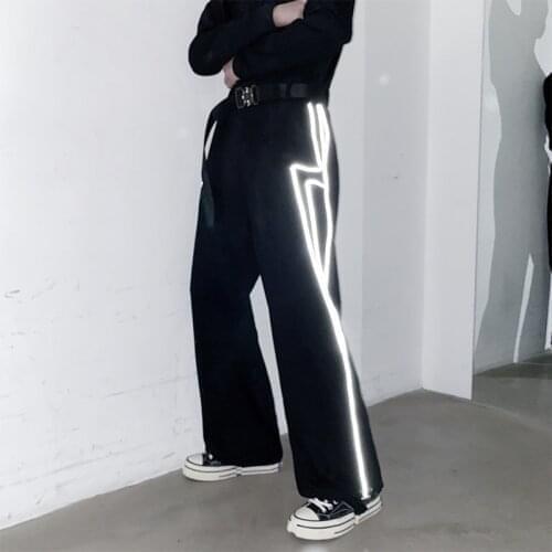 2021 New Men Reflective Stripe Casual Pant Couple Loose Streetwear Hip Hop Drawstring Harem Pant Joggers Sweatpants Trousers