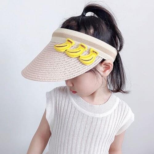 Kids Baby Summer Woven Straw Sun Visor Hat Cute 3D Cartoon Fruits Vegetable UV Protection Beach Empty Top Baseball Cap